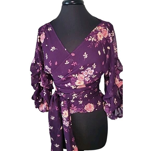 Purple Pink Floral V-Neck Wrap Blouse L Semi-Sheer Cropped Festival EUC - Picture 2 of 7